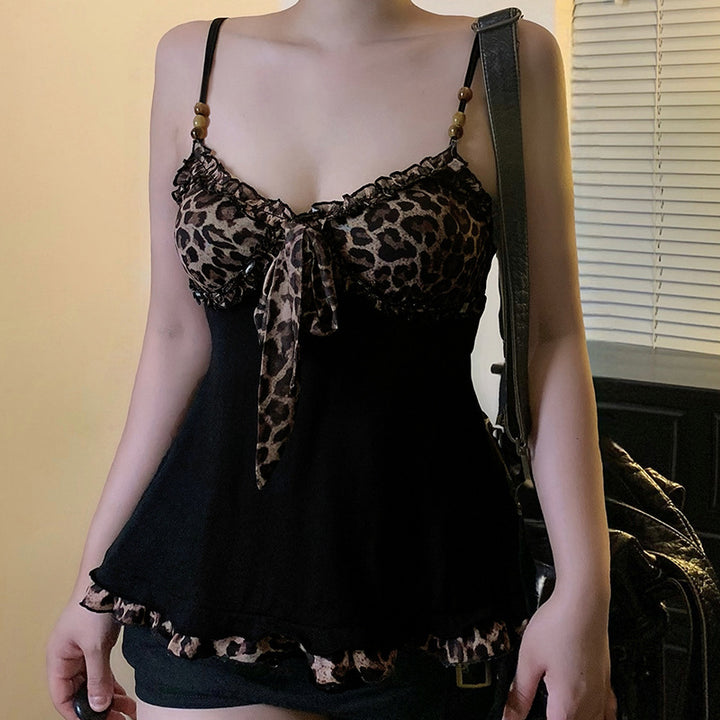 Leopard print patchwork bow camisole top