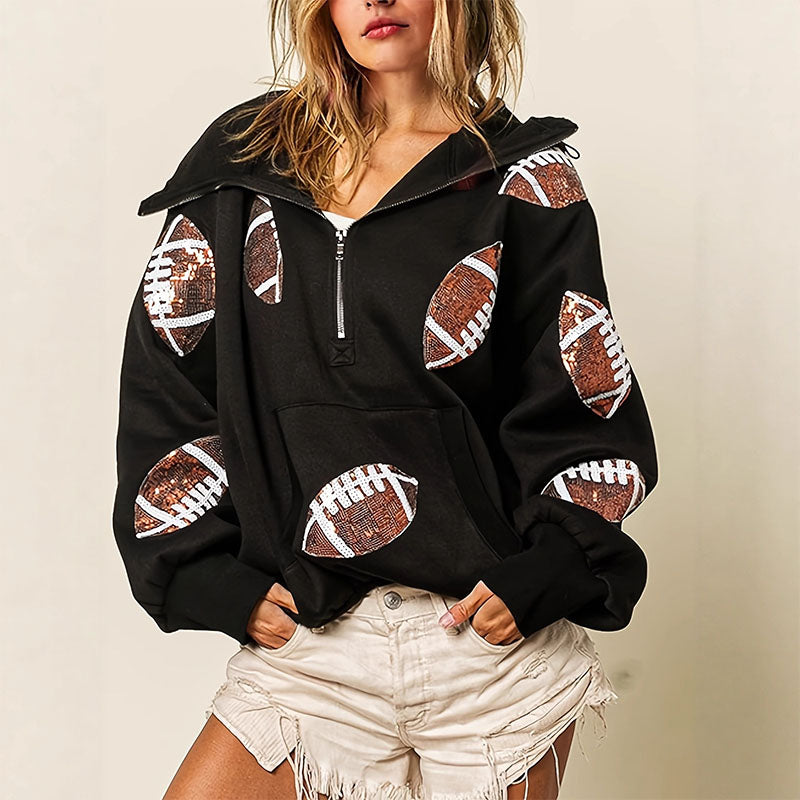 Printed half-zip loose hoodie