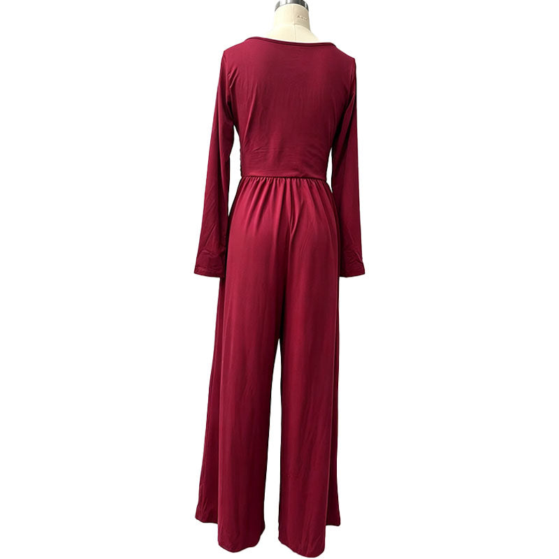 Square neck long sleeves fitted waist wide-leg jumpsuit