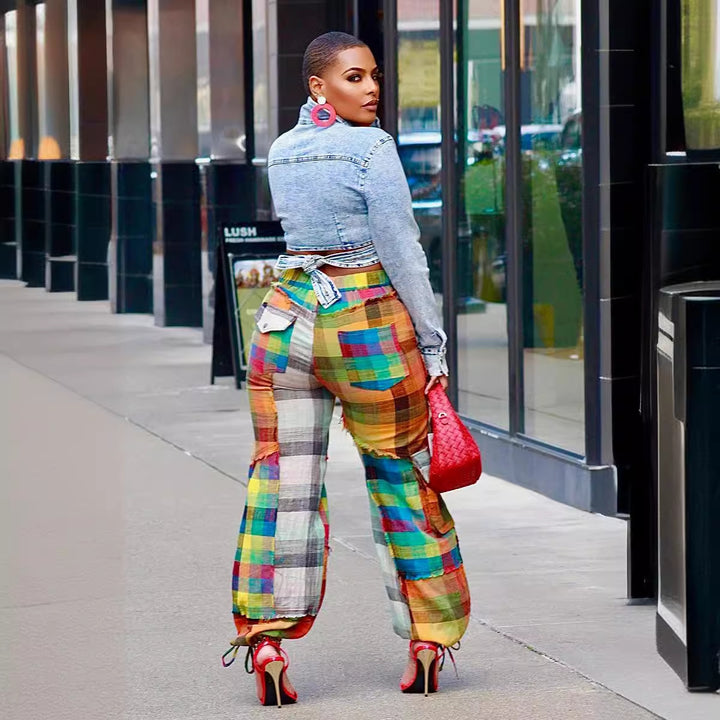 Colorful Plaid Patchwork Cargo Pants With Tie‑Up Hem