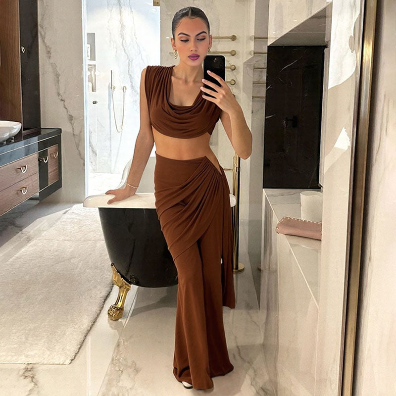 Stacked collar cropped top and draped flared pants suit