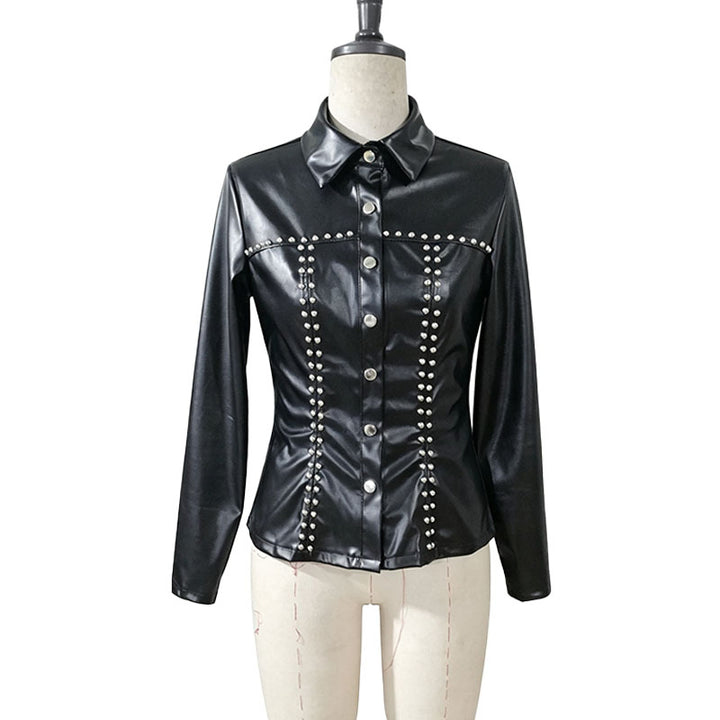 Stud-embellished slim-fit long-sleeve leather shirt