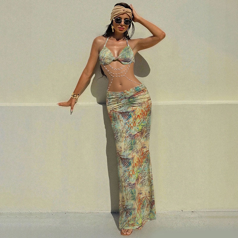 Tropical-print open-back halter dress