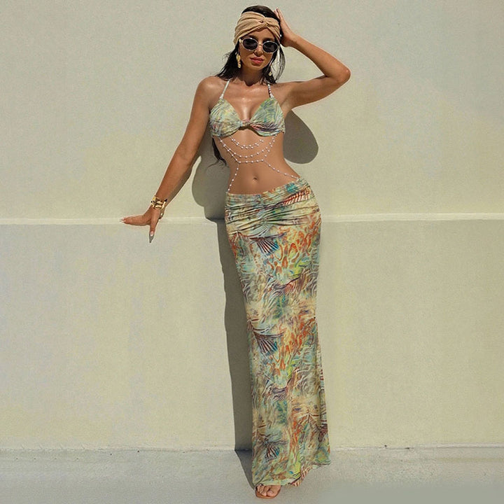 Tropical-print open-back halter dress