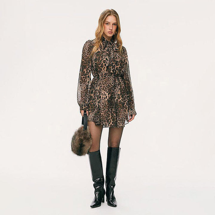 Leopard-print long-sleeve tie-waist dress