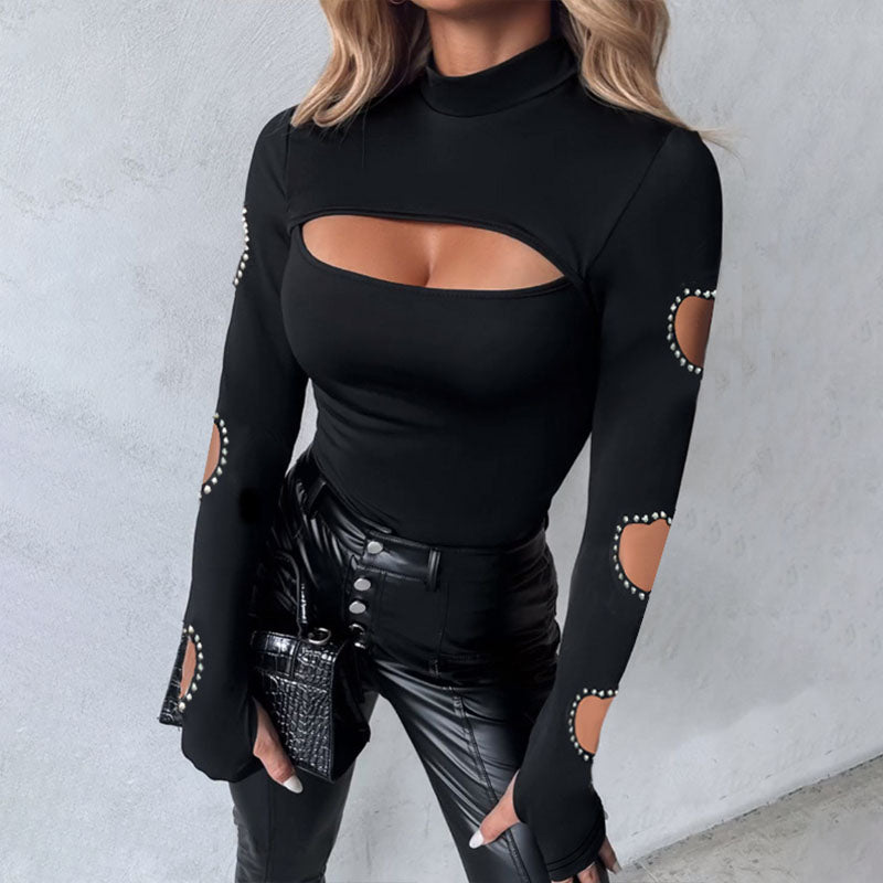 Heart-shaped cutout long-sleeve fitted top