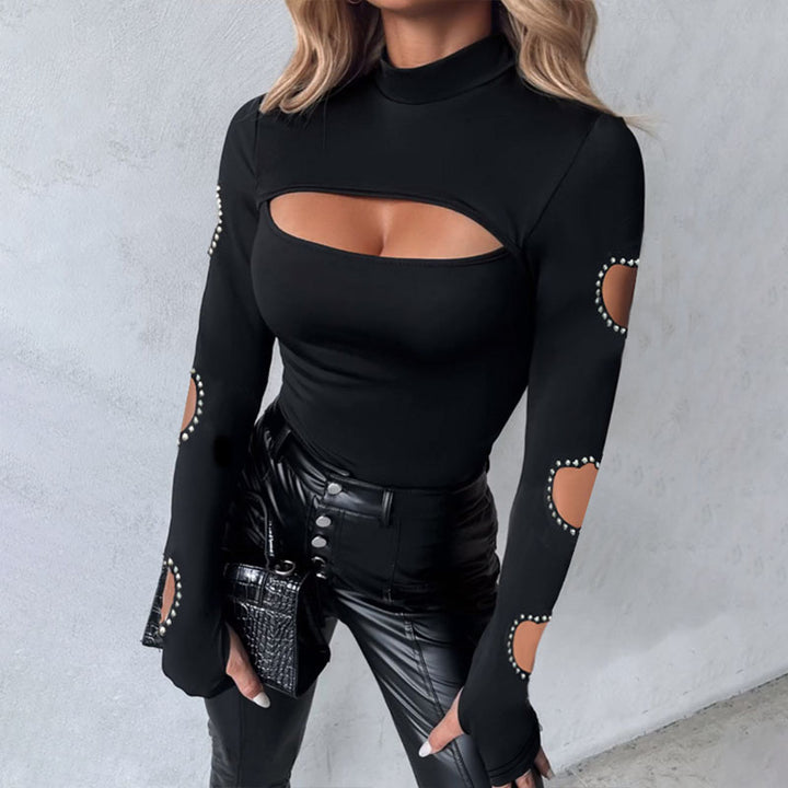 Heart-shaped cutout long-sleeve fitted top