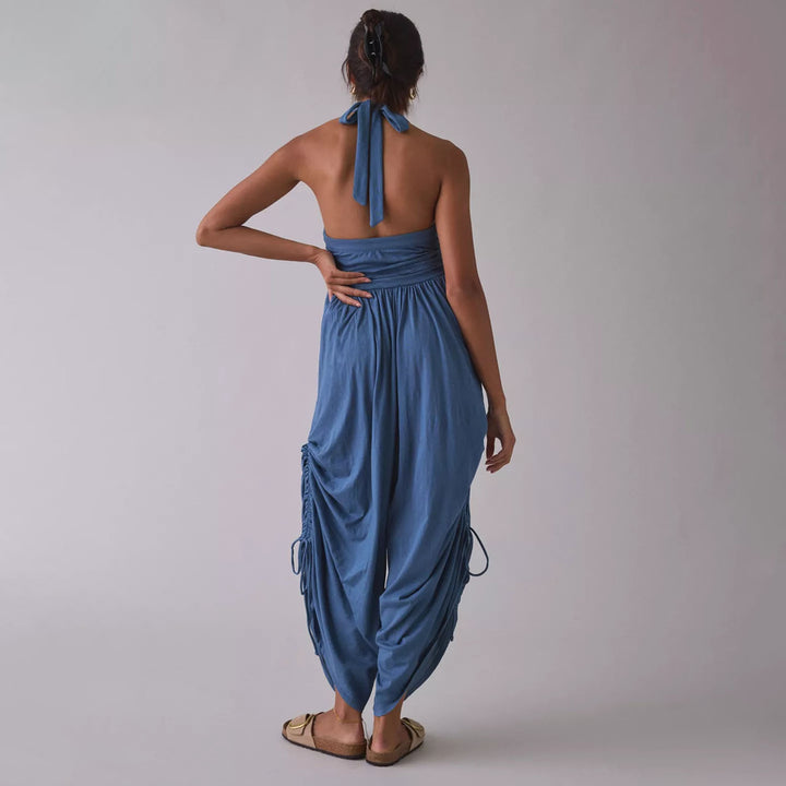 Square-neck back-tie loose harem jumpsuit