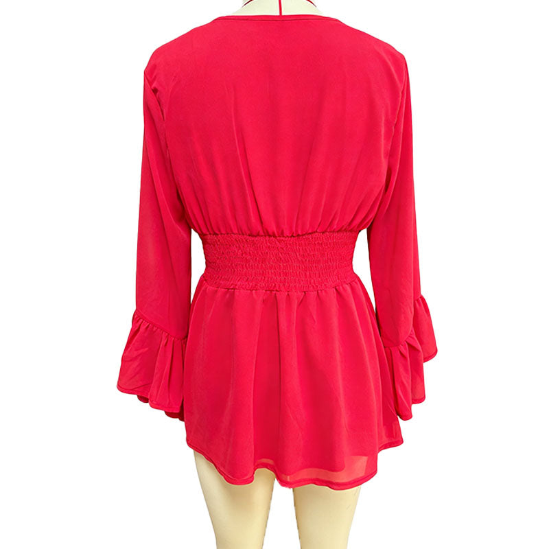 V-neck flared long-sleeved fitted waist dress