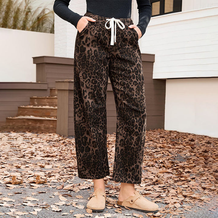 Casual leopard print elastic waist loose straight leg pants