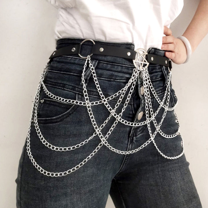 Rock-style multi-layered chain five-pointed star belt