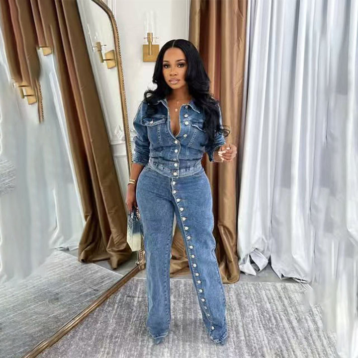 Long-sleeve button-front top and slim-fit jeans set