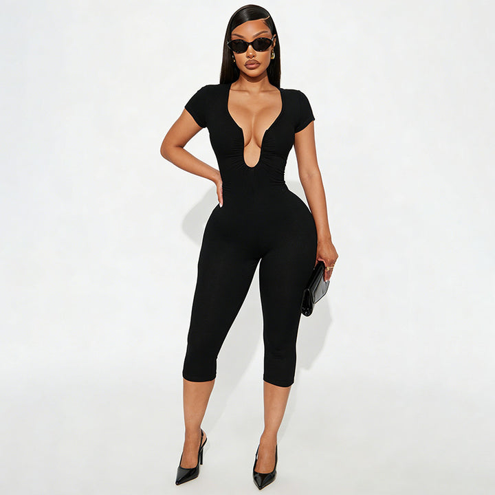 U-neck short-sleeve fitted jumpsuit
