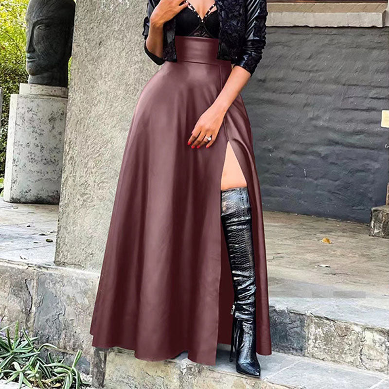 High-waisted side-slit leather skirt