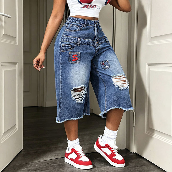 Distressed raw-hem wide-leg cropped jeans