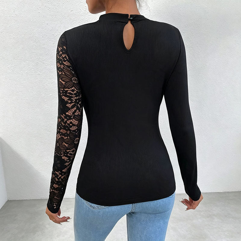 Hollow-out lace patchwork slim-fit long-sleeved top