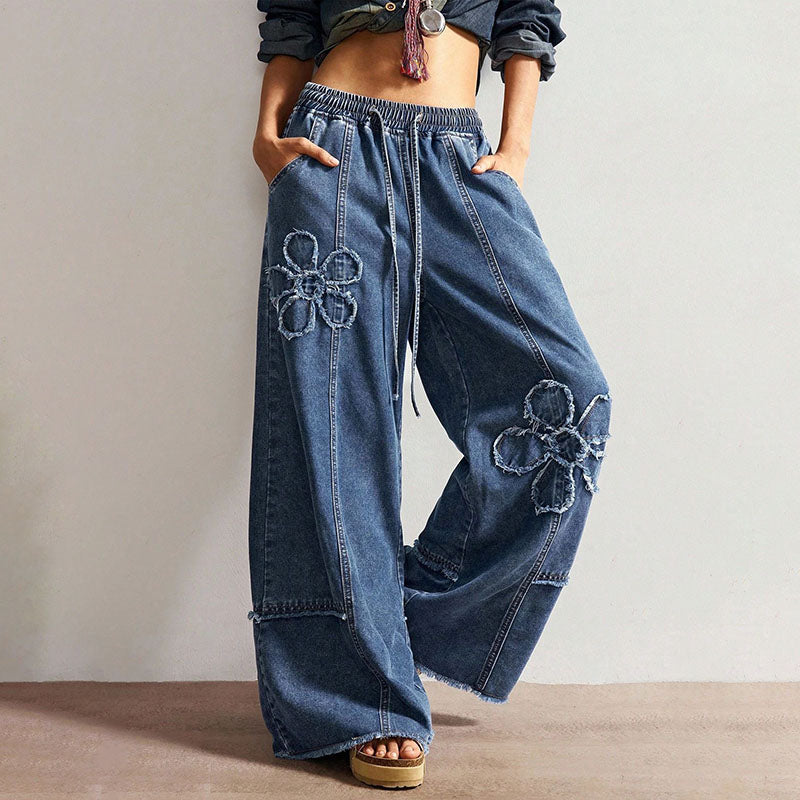 Elastic waist floral frayed wide-leg jeans