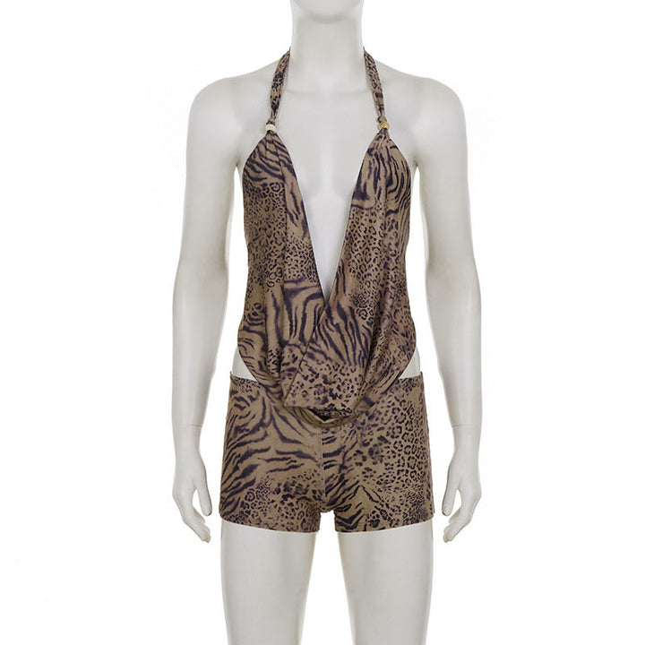 Deep V-neck leopard print halter top and shorts set