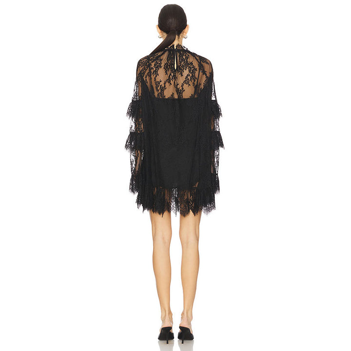 Sheer lace ruffle smock dress