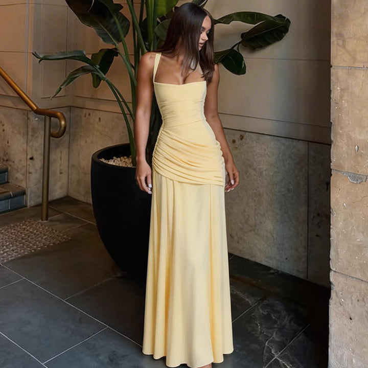 Square-neck ruched fitted dress