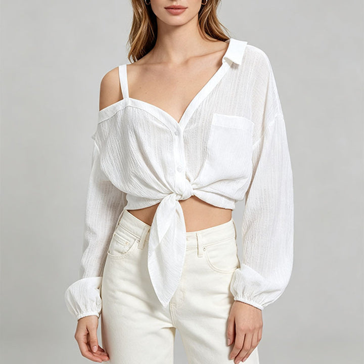 Asymmetric one-shoulder camisole-style collared shirt