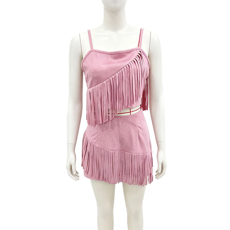 Tassel camisole and asymmetric skirt set
