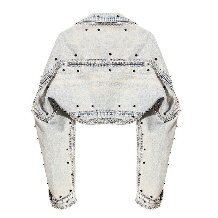 Retro washed studded short denim jacket