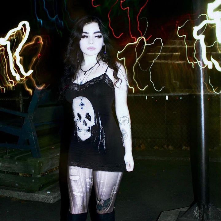 Skull print lace-trimmed slip dress