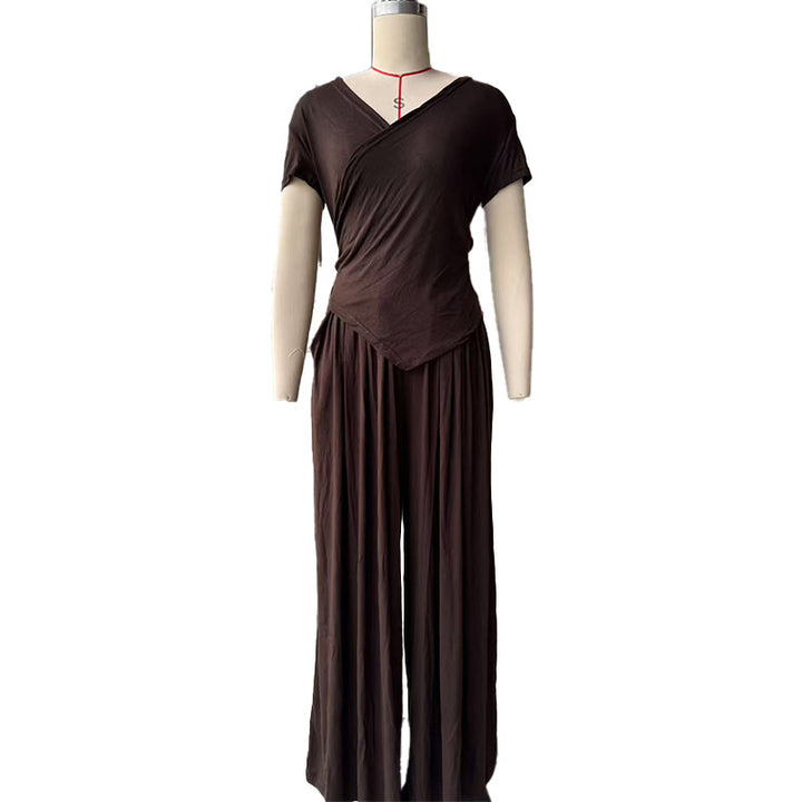 Cross-neck top and wide-leg pants suit