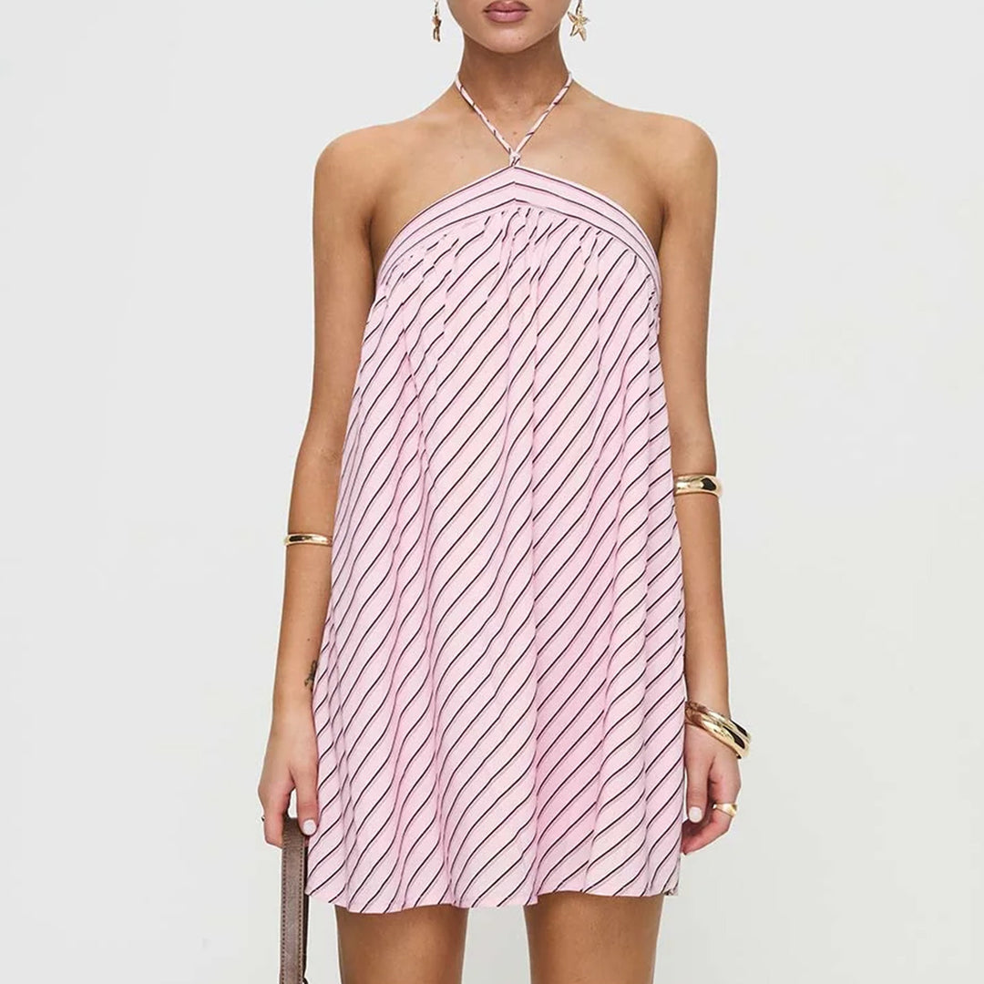 Diagonal-stripe backless sleeveless straight-cut dress