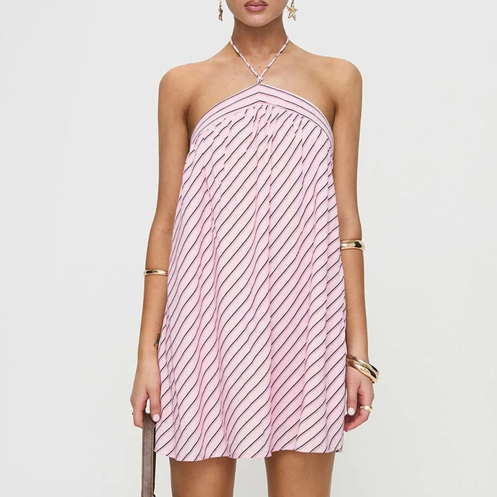 Diagonal-stripe backless sleeveless straight-cut dress