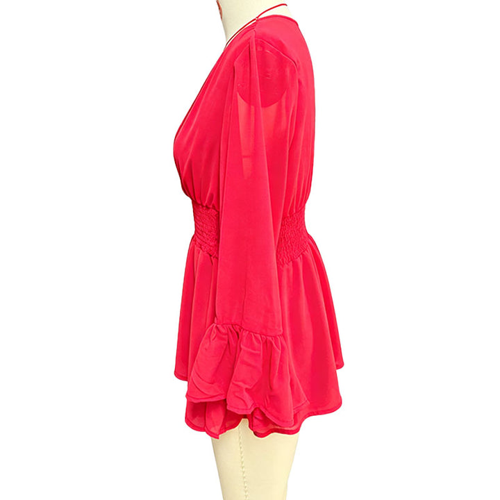V-neck flared long-sleeved fitted waist dress