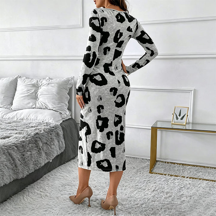 Leopard print long-sleeved fitted slit dress