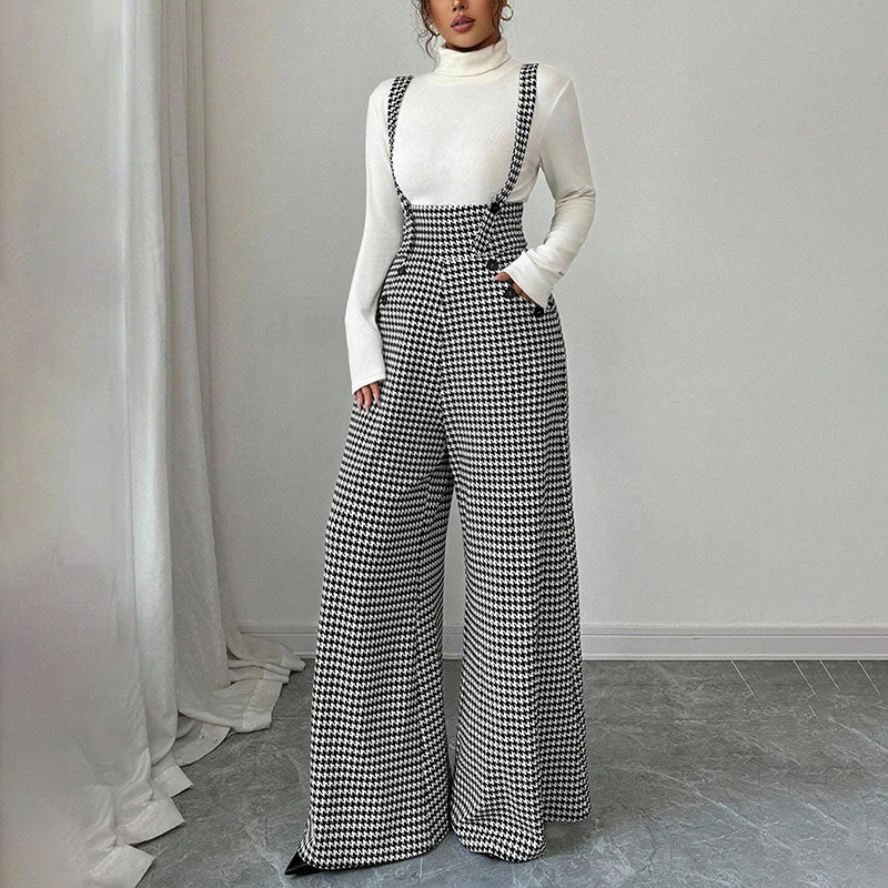 Retro plaid high-waisted wide-leg overalls