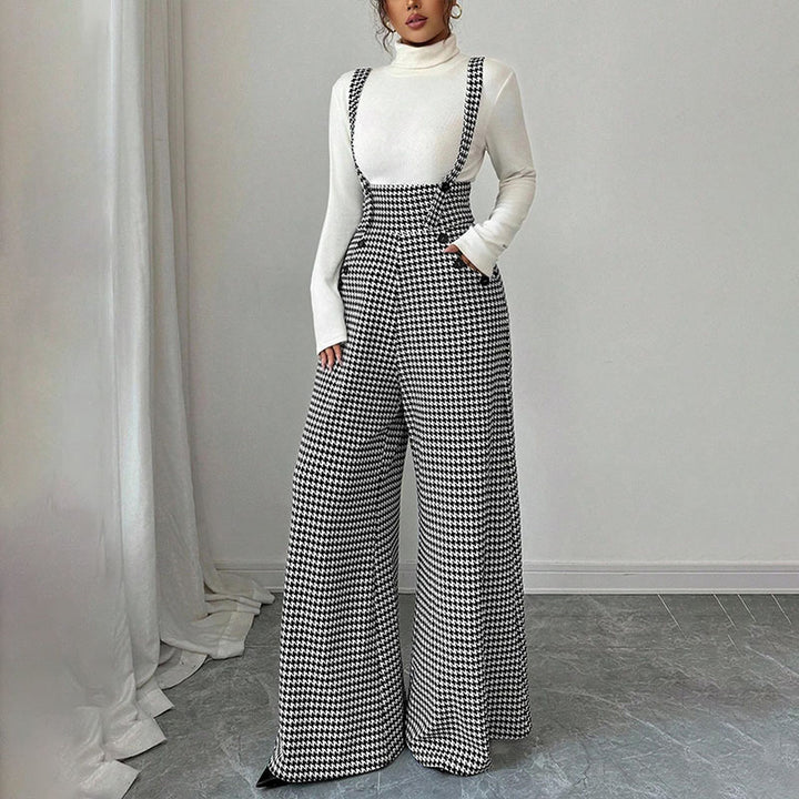 Retro plaid high-waisted wide-leg overalls