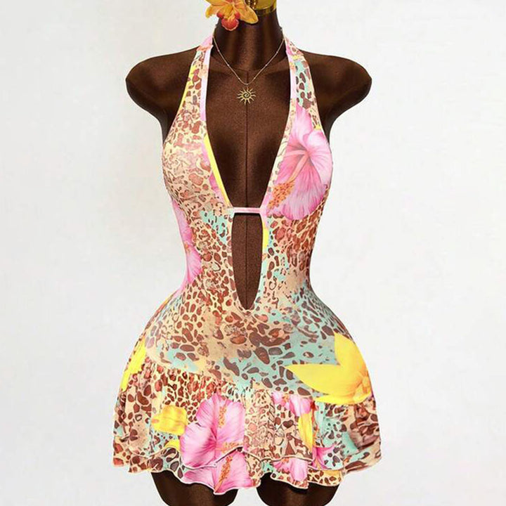 Vacation-style deep V-neck tiered dress