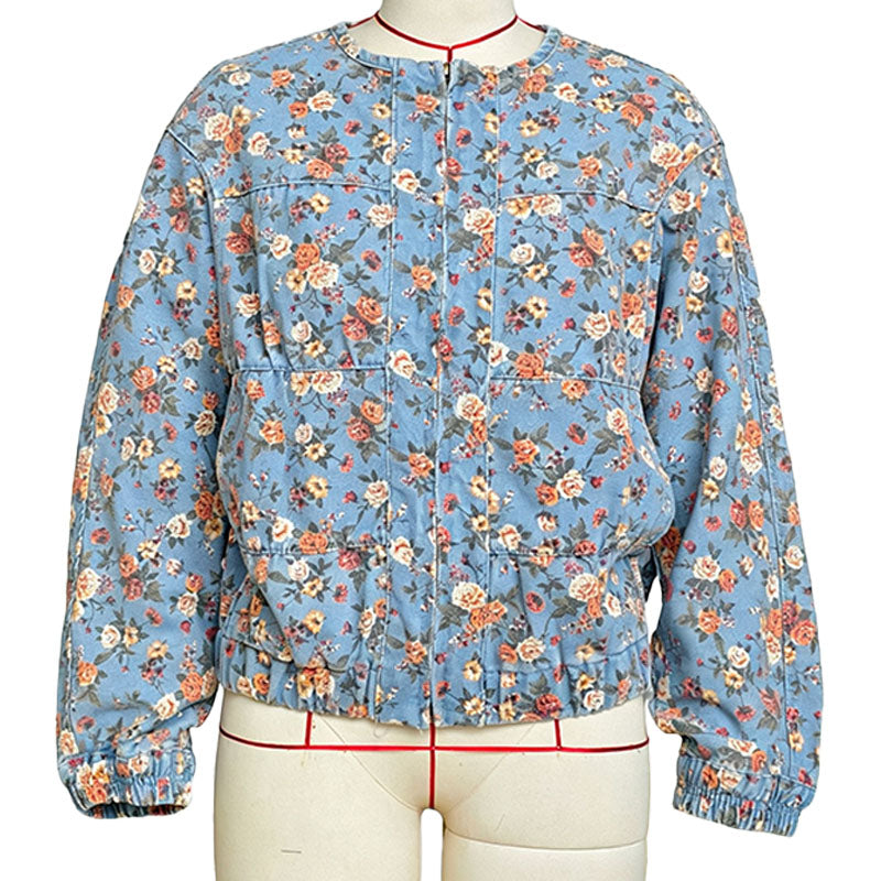 Retro floral print zip-up short denim jacket