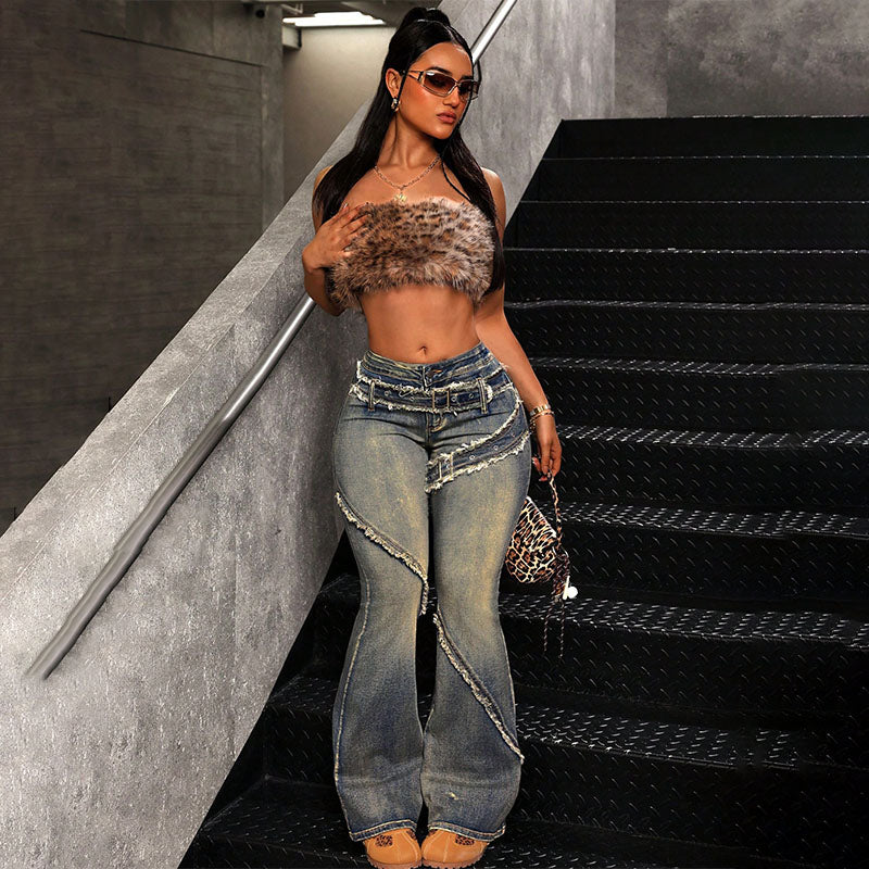 Raw-hem patchwork high-waisted kick-flare jeans