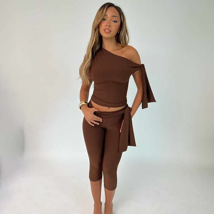 One-shoulder tie-strap top and cropped trousers set