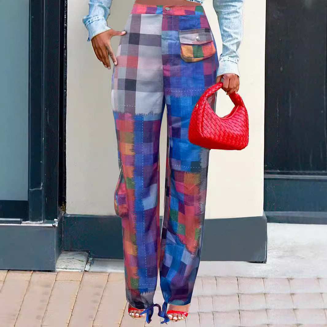 Colorful Plaid Patchwork Cargo Pants With Tie‑Up Hem