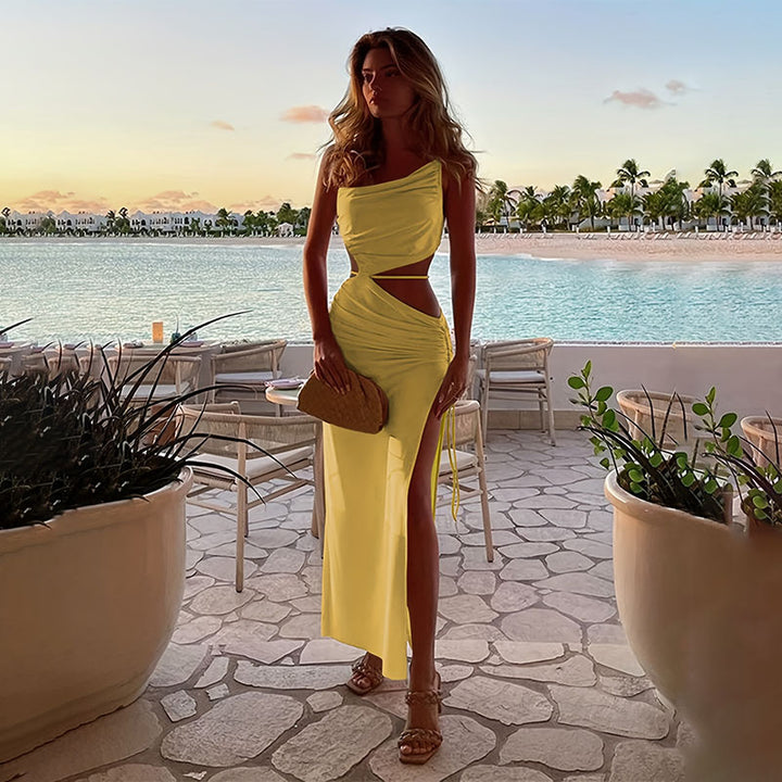 Asymmetric-neck ruched cut-out slit dress