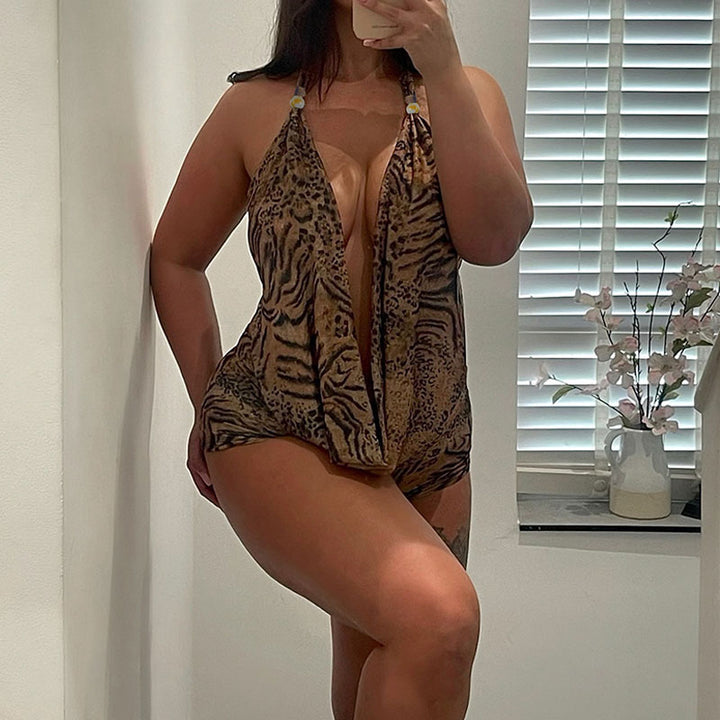 Deep V-neck leopard print halter top and shorts set