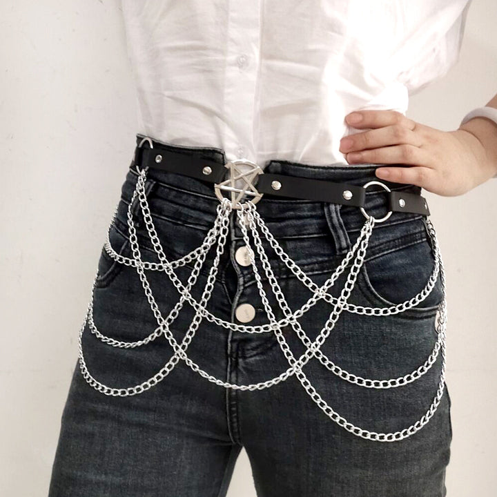 Rock-style multi-layered chain five-pointed star belt
