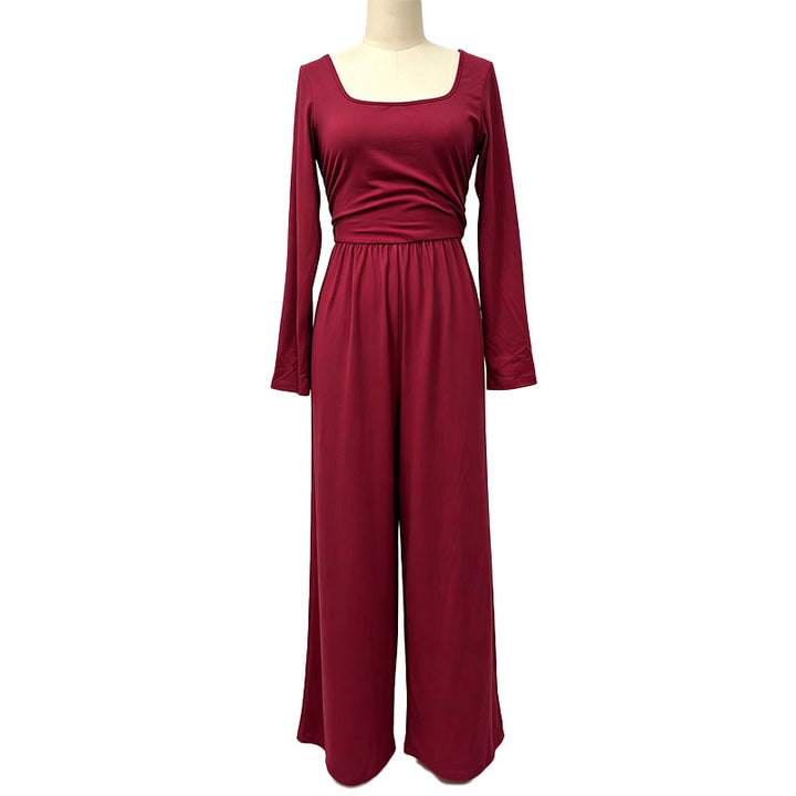 Square neck long sleeves fitted waist wide-leg jumpsuit