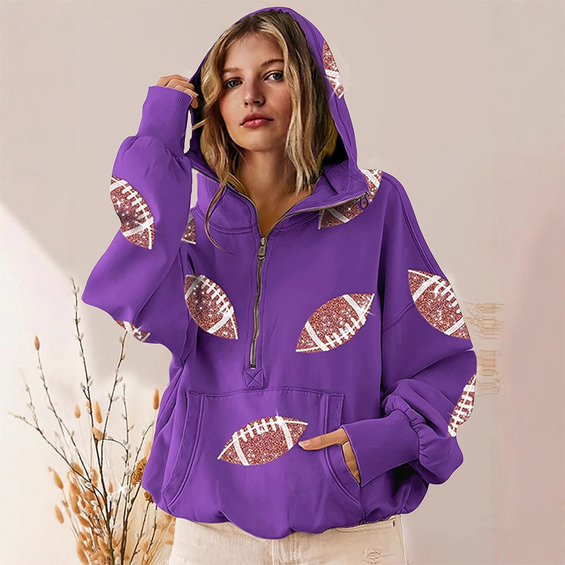 Printed half-zip loose hoodie