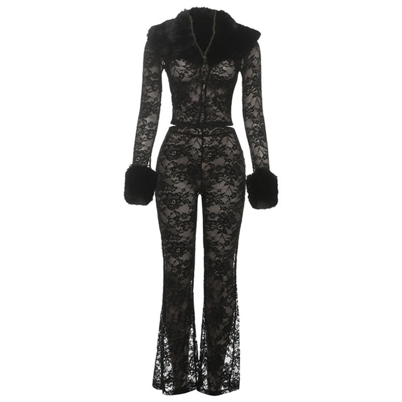 Mesh lace fur collar two-piece set