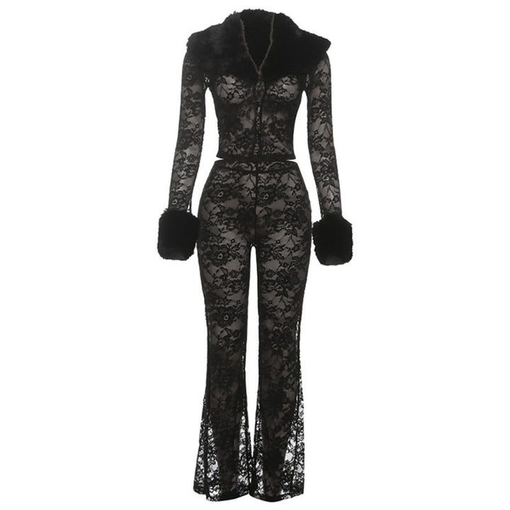 Mesh lace fur collar two-piece set