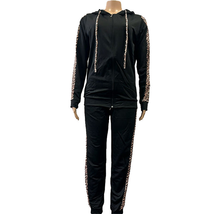 Leopard-print casual zip-up hoodie and pants tracksuit