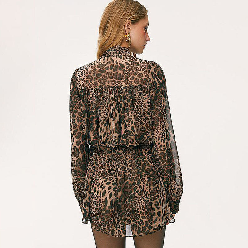 Leopard-print long-sleeve tie-waist dress
