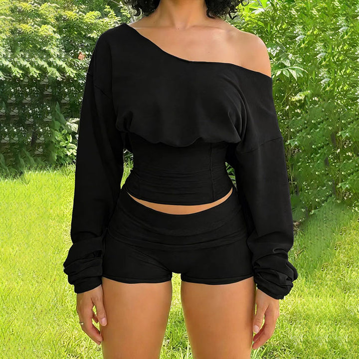 Off-shoulder long-sleeve top and high-waisted shorts two-piece set